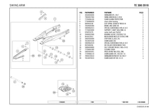 X ON DEMAND* NEW PART17901
CHASSIS # 1144
POS PARTNUMBER PARTNAME PIECE
1 26504030044 SWINGARM CPL. 2017 1
2 79004037000 SWING ARM M16X1,5 2016 1
3 77204066100 CHAIN SLIDING PROTECTION 1
4 77304066050 chain slider bushing 2
5 0009050106 EJOT SPIRAL SCREW SF M5X10-K 2
6 76504042000 BRAKE LINE GUIDE 08 1
7 59009062013 SPECIAL SCREW M6X13 WS=8 10.9 2
8 77704034000 SUPPORT F. SHAFT SEAL RING 16 4
9 0760253270 radial shaft seal 25x32x7 4
10 59404032000 BEARING SLEEVE 17X22X38,7 03 2
11 0618222812 NEEDLEBEAR HK2212V 22/28/12 MB 4
12 54603036000 STOP DISK 22,2X31,7X1 2
14 78104070100 CHAIN GUIDE EXC 1
15 59009062019 SPECIAL SCREW M6X19 WS=8 10.9 1
16 0025060456 HH COLLAR SCREW M6X45 TX30 1
26 54804038000 SELF LOCK.NUT M16X1,5 WS=19 03 1
27 77204041000 CLOSING COVER 4
29 54603055051 PRESS IN NUT M6 STEEL ZINC 1
96 77204066110 CHAIN GUARD CPL. 450 SX-F 15 1
97 78904230010 SWINGARM REPAIR KIT SX-F/XC-F x
99 78104070010 CHAIN GUIDE KIT EXC 14-15 x
172650491
TTEE 330000 22001188SWING ARM
 