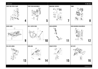 CHASSIS # 11
FRONT FORK, TRIPLE CLAMP
4
FRONT FORK DISASSEMBLED
5
HANDLEBAR, CONTROLS
7
FRAME
8
ENGINE GUARD
9
SIDE / CENTER STAND
10
SHOCK ABSORBER
11
SHOCK ABSORBER DISASSEMBLED
12
PRO LEVER LINKING
13
SWING ARM
14
EXHAUST SYSTEM
15
AIR FILTER
16
TTEE 330000 22001188CONTENT
 