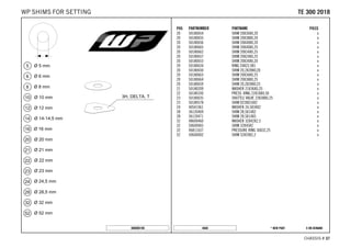 X ON DEMAND* NEW PART4668
CHASSIS # 3377
POS PARTNUMBER PARTNAME PIECE
20 50180654 SHIM 20X36X0,20 x
20 50180655 SHIM 20X38X0,20 x
20 50180656 SHIM 20X40X0,20 x
20 50180665 SHIM 20X40X0,25 x
20 50180662 SHIM 20X34X0,25 x
20 50180657 SHIM 20X24X0,25 x
20 50180653 SHIM 20X34X0,20 x
20 50180634 RING 20X22,9X1 x
20 50180650 SHIM 20,2X28X0,20 x
20 50180663 SHIM 20X36X0,25 x
20 50180664 SHIM 20X38X0,25 x
20 50180659 SHIM 20,2X28X0,25 x
21 50180209 WASHER 21X36X0,25 x
22 50180330 PRESS. RING 22X18X0,30 x
23 50180635 SHUTTLE VALVE 23X38X0,25 x
23 50180578 SHIM D23XD16X2 x
24 40541061 WASHER 24,5X34X2 x
28 36120469 SHIM 28,5X14X2 x
28 36120471 SHIM 28,5X14X5 x
32 48600460 WASHER 32X42X2,5 x
32 50600065 SHIM 32X45X2 x
32 46811637 PRESSURE RING 36X32,25 x
52 50600002 SHIM 52X59X2,2 x
080000190
TTEE 330000 22001188WP SHIMS FOR SETTING
 