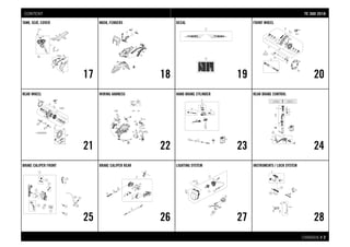 CHASSIS # 22
TANK, SEAT, COVER
17
MASK, FENDERS
18
DECAL
19
FRONT WHEEL
20
REAR WHEEL
21
WIRING HARNESS
22
HAND BRAKE CYLINDER
23
REAR BRAKE CONTROL
24
BRAKE CALIPER FRONT
25
BRAKE CALIPER REAR
26
LIGHTING SYSTEM
27
INSTRUMENTS / LOCK SYSTEM
28
TTEE 330000 22001188CONTENT
 