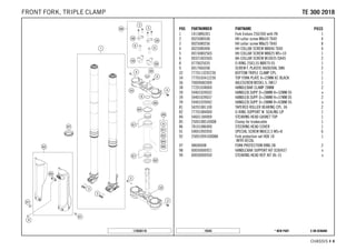 X ON DEMAND* NEW PART19345
CHASSIS # 44
POS PARTNUMBER PARTNAME PIECE
1 14158R6301 Fork Enduro 250/300 with PA 1
2 0025080506 HH collar screw M8x50 TX40 4
3 0025080256 HH collar screw M8x25 TX40 8
4 0025080406 HH COLLAR SCREW M8X40 TX40 4
5 0015080256S HH COLLAR SCREW M8X25 WS=10 1
6 0032100356S AH-COLLAR SCREW M10X35 ISA45 2
8 0770025035 O-RING 25X3,55 NBR70 05 1
9 0017060206 SCREW F. PLASTIC K60X20AL SW6 2
32 7770113202230 BOTTOM TRIPLE CLAMP CPL. 1
34 7770103412230 TOP FORK PLATE X=22MM XC BLACK 1
36 70009082000 AXLESCREW M20X1.5; SW17 1
38 77201038000 HANDLEBAR CLAMP 28MM 2
39 59401039032 HANDLEB.SUPP. D=28MM H=32MM 05 x
39 59401039037 HANDLEB.SUPP. D=28MM H=37MM 05 2
39 59401039042 HANDLEB.SUPP. D=28MM H=42MM 05 x
81 54201081100 TAPERED ROLLER BEARING CPL. 06 2
82 77701084000 O-RING SUPPORT W. SEALING LIP 1
84 54601184000 STEARING HEAD GASKET TOP 1
85 25001085100DB Clamp for brakecable 1
86 78101086000 STEERING HEAD COVER 1
91 59001092050 SPECIAL SCREW M6X12,5 WS=8 6
92 25001094100DBA Fork protection set HQV 18
WITH DECAL
1
97 48600698 FORK PROTECTION RING 08 2
98 00050000921 HANDLEBAR SUPPORT KIT D28/H37 x
99 00050000930 STEARING HEAD REP. KIT 06-15 x
172650110
TTEE 330000 22001188FRONT FORK, TRIPLE CLAMP
 