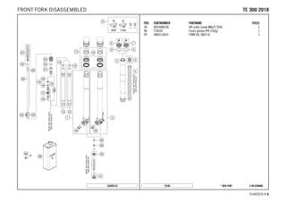 X ON DEMAND* NEW PART19166
CHASSIS # 66
POS PARTNUMBER PARTNAME PIECE
34 0025080256 HH collar screw M8x25 TX40 2
98 T14034 Fuchs grease IPR (250g) 1
99 48601166S1 FORK OIL SAE4 5L 1
185040132
TTEE 330000 22001188FRONT FORK DISASSEMBLED
 