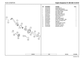 X ON DEMAND* NEW PART19323
ENGINE # 1155
POS PARTNUMBER PARTNAME PIECE
1 50433070044 KICKSTARTER CPL. 1
3 54633037000 WASHER 8MM GALVANIZED 1
4 0019080206S FLAT HEAD SCREW M. ISA45 M8X20 1
5 50433054100 KICK STARTER SPRING 1
6 79233050000 KICK STARTER SHAFT 1
7 79233051027 KICK STARTER WHEEL 27Z 1
8 0405252910 NEEDLE BEAR K 25X29X10 1
9 54833044000 STOP DISC 25X31X1,5 1
10 0417025000 CIRCLIP SW25 1
11 50433052000 KICK STARTER RATCHET 1
12 58033028000 RATCHET GEAR SPRING 1,2 MM 1
13 0025060206 HH collar screw M6x20 TX30 2
14 59033069000 BUMP PART 1
15 0912060406 AH SCREW DIN0912 M 6X40 1
16 0471170010 CIRCLIP DIN0471-17X1 1
17 50333041000 STOP DISC 17,2X26X1 B 1
18 79233053000 KICKSTART IDLER CPL. 1
185543392
EEnnggiinnee HHuussqqvvaarrnnaa TTEE 330000 UUSSAA 1188 22001188KICK STARTER
 