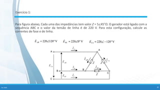Exercício 1:
Para figura abaixo, Cada uma das impedâncias tem valor Z = 5∠45°Ω. O gerador está ligado com a
sequência ABC e o valor da tensão de linha é de 220 V. Para esta configuração, calcule as
correntes de fase e de linha.
Fev-2020 32
 