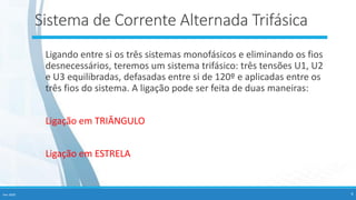 Sistema de Corrente Alternada Trifásica
Fev-2020 6
Ligando entre si os três sistemas monofásicos e eliminando os fios
desnecessários, teremos um sistema trifásico: três tensões U1, U2
e U3 equilibradas, defasadas entre si de 120º e aplicadas entre os
três fios do sistema. A ligação pode ser feita de duas maneiras:
Ligação em TRIÂNGULO
Ligação em ESTRELA
 