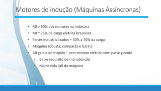 Motores de indução (Máquinas Assíncronas)
• MI > 90% dos motores na indústria
• MI ~ 25% da carga elétrica brasileira
• Países industrializados – 40% a 70% da carga
• Máquina robusta, compacta e barata
• MI gaiola de esquilo – sem contato elétrico com parte girante
• Baixo requisito de manutenção
• Maior vida útil da máquina
 