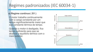 Regimes padronizados (IEC 60034-1)
a) Regime continuo ( S1 )
O motor trabalha continuamente
com a carga constante por um
tempo significantemente maior que
sua constante térmica de tempo.
Quando o motor é desligado, fica
tempo suficiente para que se
alcance o equilíbrio térmico com o
meio exterior.
 