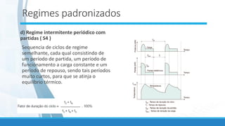 Regimes padronizados
d) Regime intermitente periódico com
partidas ( S4 )
Sequencia de ciclos de regime
semelhante, cada qual consistindo de
um período de partida, um período de
funcionamento a carga constante e um
período de repouso, sendo tais períodos
muito curtos, para que se atinja o
equilíbrio térmico.
.
 
