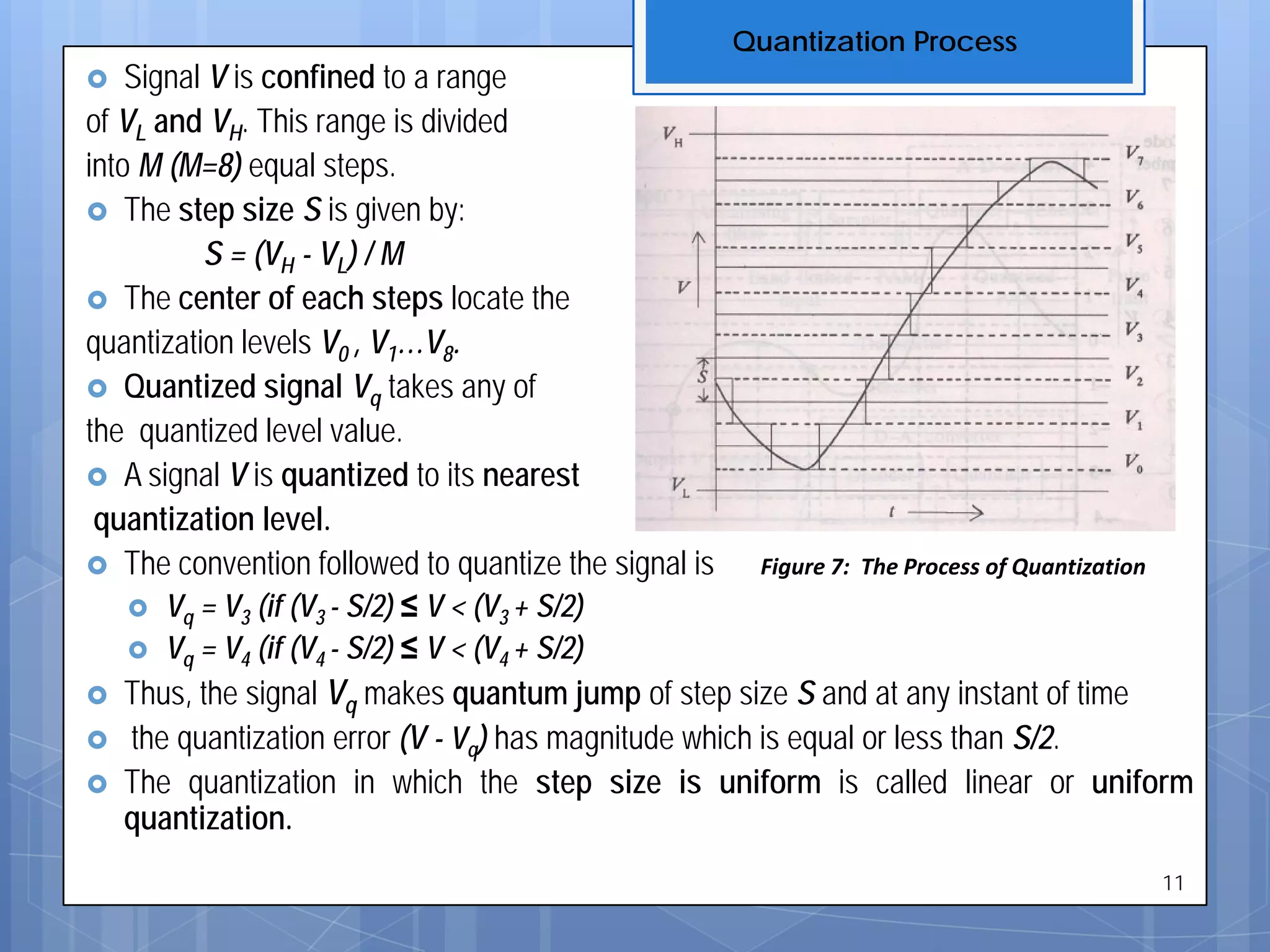  Signal V is confined to a range
of VL and VH. This range is divided
into M (M=8) equal steps.
 The step size S is given by:
S = (VH - VL) / M
 The center of each steps locate the
quantization levels V0 , V1…V8.
 Quantized signal Vq takes any of
the quantized level value.
 A signal V is quantized to its nearest
quantization level.
 The convention followed to quantize the signal is Figure 7: The Process of Quantization
 Vq = V3 (if (V3 - S/2) ≤ V < (V3 + S/2)
 Vq = V4 (if (V4 - S/2) ≤ V < (V4 + S/2)
 Thus, the signal Vq makes quantum jump of step size S and at any instant of time
 the quantization error (V - Vq) has magnitude which is equal or less than S/2.
 The quantization in which the step size is uniform is called linear or uniform
quantization.
Quantization Process
11
 
