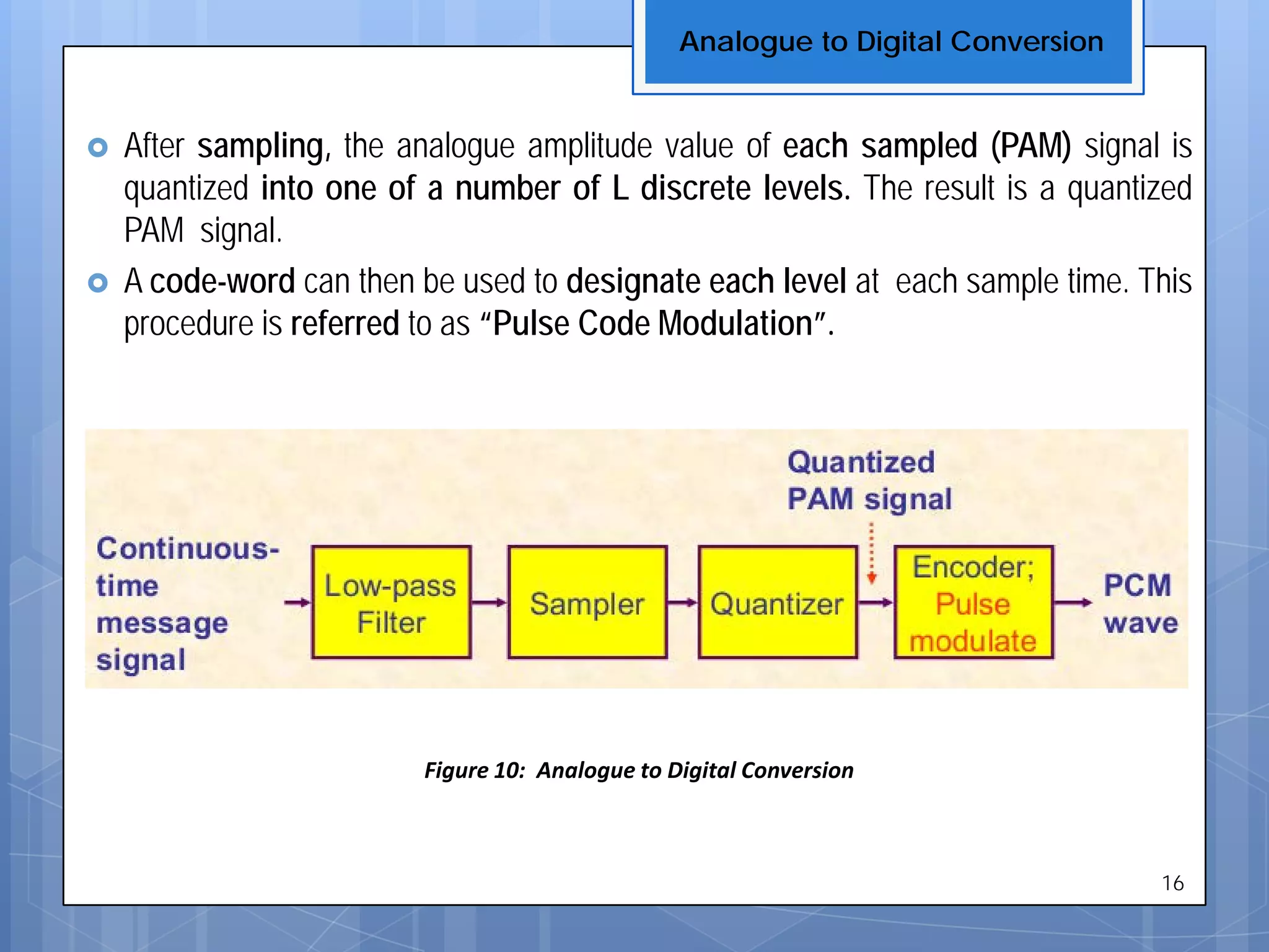  After sampling, the analogue amplitude value of each sampled (PAM) signal is
quantized into one of a number of L discrete levels. The result is a quantized
PAM signal.
 A code-word can then be used to designate each level at each sample time. This
procedure is referred to as “Pulse Code Modulation”.
Figure 10: Analogue to Digital Conversion
Analogue to Digital Conversion
16
 