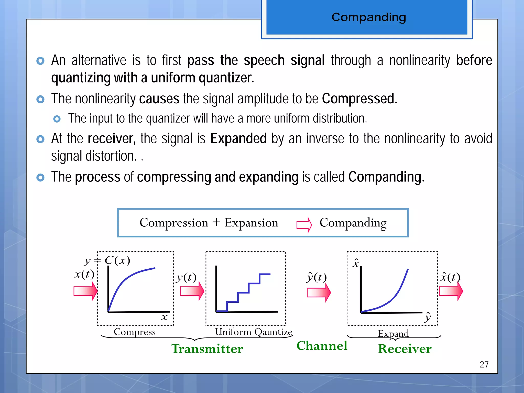  An alternative is to first pass the speech signal through a nonlinearity before
quantizing with a uniform quantizer.
 The nonlinearity causes the signal amplitude to be Compressed.
 The input to the quantizer will have a more uniform distribution.
 At the receiver, the signal is Expanded by an inverse to the nonlinearity to avoid
signal distortion. .
 The process of compressing and expanding is called Companding.
Companding
Compression + Expansion Companding
)(ty)(tx )(ˆ ty )(ˆ tx
x
)(xCy = xˆ
yˆ
Compress Uniform Qauntize
Channel
Expand
Transmitter Receiver
27
 