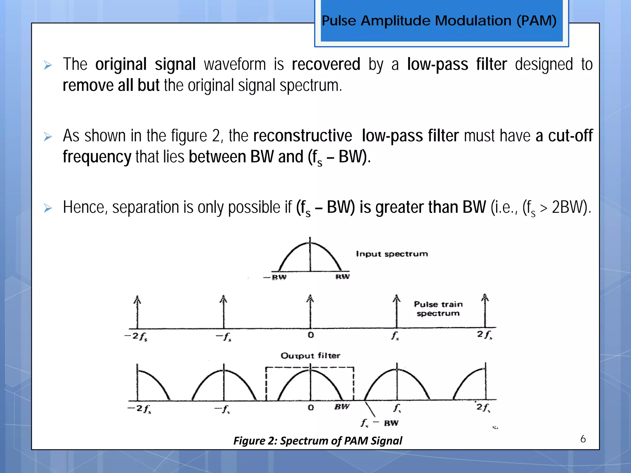  The original signal waveform is recovered by a low-pass filter designed to
remove all but the original signal spectrum.
 As shown in the figure 2, the reconstructive low-pass filter must have a cut-off
frequency that lies between BW and (fs – BW).
 Hence, separation is only possible if (fs – BW) is greater than BW (i.e., (fs > 2BW).
Pulse Amplitude Modulation (PAM)
6Figure 2: Spectrum of PAM Signal
 