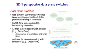 SDN perspective: data plane switches
Data plane switches
• fast, simple, commodity switches
implementing generalized data-
plane forwarding in hardware
• switch flow table computed,
installed by controller
• API for table-based switch control
(e.g., OpenFlow)
• defines what is controllable and what
is not
• protocol for communicating with
controller (e.g., OpenFlow) data
plane
control
plane
SDN Controller
(network operating system)
…
routing
access
control
load
balance
southbound API
northbound API
SDN-controlled switches
network-control
applications
 