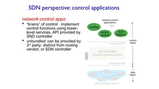 SDN perspective: control applications
network-control apps:
 “brains” of control: implement
control functions using lower-
level services, API provided by
SND controller
 unbundled: can be provided by
3rd
party: distinct from routing
vendor, or SDN controller
data
plane
control
plane
SDN Controller
(network operating system)
…
routing
access
control
load
balance
southbound API
northbound API
SDN-controlled switches
network-control
applications
 