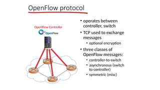 OpenFlow protocol
• operates between
controller, switch
• TCP used to exchange
messages
• optional encryption
• three classes of
OpenFlow messages:
• controller-to-switch
• asynchronous (switch
to controller)
• symmetric (misc)
OpenFlow Controller
 