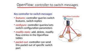 OpenFlow: controller-to-switch messages
Key controller-to-switch messages
• features: controller queries switch
features, switch replies
• configure: controller queries/sets
switch configuration parameters
• modify-state: add, delete, modify
flow entries in the OpenFlow
tables
• packet-out: controller can send
this packet out of specific switch
port
OpenFlow Controller
 