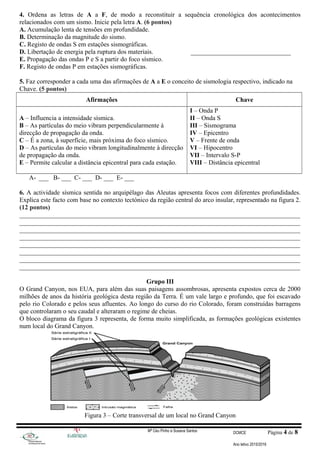 4. Ordena as letras de A a F, de modo a reconstituir a sequência cronológica dos acontecimentos
relacionados com um sismo. Inicie pela letra A. (6 pontos)
A. Acumulação lenta de tensões em profundidade.
B. Determinação da magnitude do sismo.
C. Registo de ondas S em estações sismográficas.
D. Libertação de energia pela ruptura dos materiais. _______________________________
E. Propagação das ondas P e S a partir do foco sísmico.
F. Registo de ondas P em estações sismográficas.
5. Faz corresponder a cada uma das afirmações de A a E o conceito de sismologia respectivo, indicado na
Chave. (5 pontos)
Afirmações Chave
A – Influencia a intensidade sísmica.
B – As partículas do meio vibram perpendicularmente à
direcção de propagação da onda.
C – É a zona, à superfície, mais próxima do foco sísmico.
D – As partículas do meio vibram longitudinalmente à direcção
de propagação da onda.
E – Permite calcular a distância epicentral para cada estação.
I – Onda P
II – Onda S
III – Sismograma
IV – Epicentro
V – Frente de onda
VI – Hipocentro
VII – Intervalo S-P
VIII – Distância epicentral
A- ___ B- ___ C- ___ D- ___ E- ___
6. A actividade sísmica sentida no arquipélago das Aleutas apresenta focos com diferentes profundidades.
Explica este facto com base no contexto tectónico da região central do arco insular, representado na figura 2.
(12 pontos)
_______________________________________________________________________________________
_______________________________________________________________________________________
_______________________________________________________________________________________
_______________________________________________________________________________________
_______________________________________________________________________________________
_______________________________________________________________________________________
_______________________________________________________________________________________
_______________________________________________________________________________________
Grupo III
O Grand Canyon, nos EUA, para além das suas paisagens assombrosas, apresenta expostos cerca de 2000
milhões de anos da história geológica desta região da Terra. É um vale largo e profundo, que foi escavado
pelo rio Colorado e pelos seus afluentes. Ao longo do curso do rio Colorado, foram construídas barragens
que controlaram o seu caudal e alteraram o regime de cheias.
O bloco diagrama da figura 3 representa, de forma muito simplificada, as formações geológicas existentes
num local do Grand Canyon.
Figura 3 – Corte transversal de um local no Grand Canyon
Mª Céu Pinho e Susana Santos DCMCE Página 4 de 8
Ano letivo 2015/2016
 