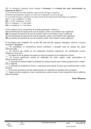 3.3. As afirmações seguintes dizem respeito à formação e à evolução dos oásis representados no
diagrama da figura 4.
1. A existência de uma falha impediu o aparecimento de água à superfície.
2. Rochas quimiogénicas surgem, nos oásis, por evaporação excessiva de água.
3. A ascensão de água à superfície nos oásis resulta da elevada pressão hidrostática nos aquíferos.
(A) 2 e 3 são verdadeiras; 1 é falsa.
(B) 1 e 2 são verdadeiras; 3 é falsa.
(C) 3 é verdadeira; 1 e 2 são falsas.
(D) 1 é verdadeira; 2 e 3 são falsas.
4. Nos aquíferos livres, em períodos de elevada precipitação, verifica-se…
(A) uma diminuição da espessura da zona de aeração, sendo o nível freático mais superficial.
(B) um aumento da espessura da zona de aeração, sendo o nível freático menos superficial.
(C) uma diminuição da espessura da zona de saturação, sendo o nível freático mais superficial.
(D) um aumento da espessura da zona de saturação, sendo o nível freático menos superficial.
5. Classifique como verdadeira (V) ou falsa (F) cada uma das seguintes afirmações, relativas a recursos
energéticos. (8 pontos)
___ Na actualidade, os combustíveis fósseis constituem a principal fonte de energia nos países
industrializados.
___ Os minerais que contêm na sua composição elementos radioactivos são considerados recursos
energéticos renováveis.
___ Em alguns locais do planeta, encontram-se reservas inesgotáveis de combustíveis fósseis.
___ Os recursos geotérmicos podem ser explorados em várias regiões, sendo potenciadores do
desenvolvimento local.
___ A utilização da radioactividade na produção de energia eléctrica gera resíduos perigosos para a saúde e
para o ambiente.
___ A utilização de combustíveis fósseis é responsável pela emissão de gases que contribuem para o efeito
de estufa.
___ Os recursos geotérmicos de alta entalpia podem ser explorados em qualquer parte do planeta.
___ Alguns recursos energéticos, como os geotérmicos, podem tornar-se mais competitivos face à subida do
preço do petróleo.
Total: 200 pontos
Mª Céu Pinho e Susana Santos DCMCE Página 8 de 8
Ano letivo 2015/2016
 