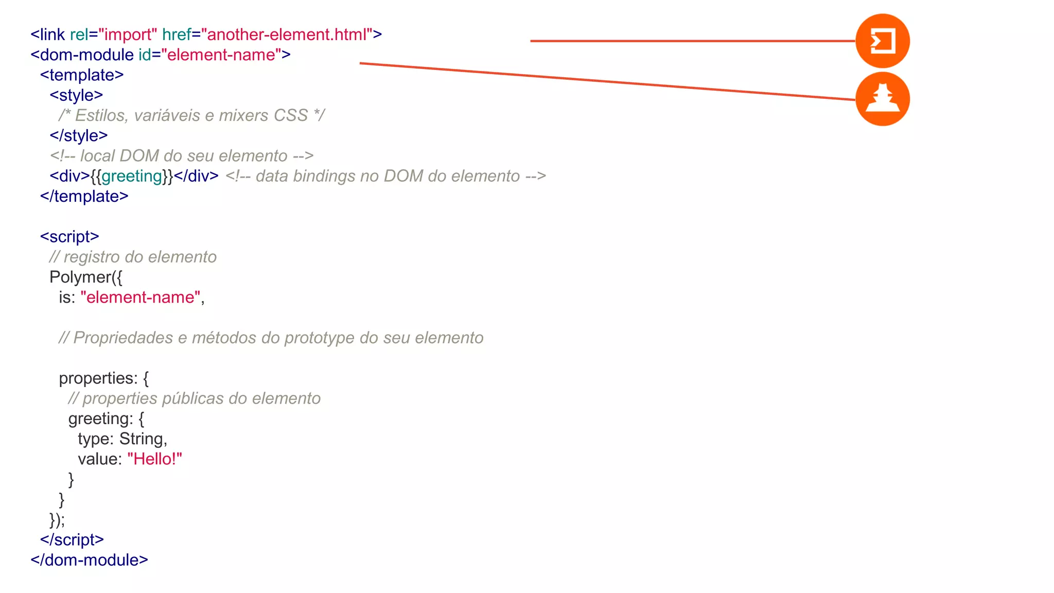 <link rel="import" href="another-element.html">
<dom-module id="element-name">
<template>
<style>
/* Estilos, variáveis e mixers CSS */
</style>
<!-- local DOM do seu elemento -->
<div>{{greeting}}</div> <!-- data bindings no DOM do elemento -->
</template>
<script>
// registro do elemento
Polymer({
is: "element-name",
// Propriedades e métodos do prototype do seu elemento
properties: {
// properties públicas do elemento
greeting: {
type: String,
value: "Hello!"
}
}
});
</script>
</dom-module>
 