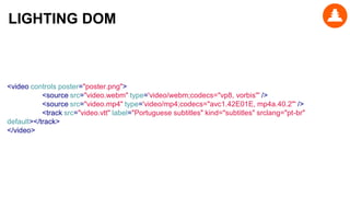 <video controls poster="poster.png">
<source src="video.webm" type='video/webm;codecs="vp8, vorbis"' />
<source src="video.mp4" type='video/mp4;codecs="avc1.42E01E, mp4a.40.2"' />
<track src="video.vtt" label="Portuguese subtitles" kind="subtitles" srclang="pt-br"
default></track>
</video>
LIGHTING DOM
 