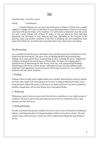 6
TEA
Scientific name :Camellia sinensis.
Family : Camelliaceae.
Camellia Sinensis, an ever green shrub that grow to height of 30 feet, but is usually
clipped to a height of2-5 feet in cultivation for easy plucking purposes. Harvest of its leaves
is by hand with special shears, or by machines. It is cultivated as a plantation crop, like acidic
soil and a warm climate with at least 50 inches of rain per annum.tea from individual
plantations has developed its own character and taste, depending on the direction of the
growing slopes and weather conditions at the time of plucking leaf and manufacture from
green leaf to black tea. Tea breaks down into three basic types: black green and oolong.
Tea Processing
It is a method in which the leaves and flushes from camellia sinensis are transferred in to the
dried leaves for brewing tea. The types of tea are distinguished by the processing they
undergo. In its most general form, tea processing involves oxidising the leaves, stopping the
oxidation, forming the tea and drying it. Of these steps, the degree of oxidation plays a
significant role of determining the final flavour of the tea, with curing and leaf breakage
contributing to flavour by a lesser amount. Although each type of tea has different taste,
smell and visual appearance, tea processing for all tea types consists of a very similar set of
methods with only minor variations:
1. Picking
Picking is done by hand when a higher quality tea is needed. Hand picking is done by pulling
the flush with a snap of the wrist and does not involve twisting or pinching the flush, since
doing the latter reduces the quality of the leaves tea flushes and leaves can also be picked by
machine, though there will be more broken leaves and partial flushes.
2. Withering
Withering is used to remove excess water from the leaves and allows a very slight amount of
oxidation. The leaves can be either put under the sun or left in a cool breezy room to pull
moisture out from the leaves.
3. Rolling/bruising
In order to promote and quicken oxidation, the leaves may be may be bruised by tumbling by
baskets or by being kneaded or by being kneaded or rolled over by heavy wheels. This also
releases some of the leaf juices, which may aid in oxidation and change the taste profile of
the tea.
 