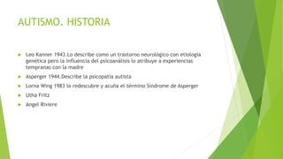 AUTISMO. HISTORIA
 Leo Kanner 1943.Lo describe como un trastorno neurológico con etiología
genética pero la influencia del psicoanálisis lo atribuye a experiencias
tempranas con la madre
 Asperger 1944.Describe la psicopatía autista
 Lorna Wing 1983 lo redescubre y acuña el término Síndrome de Asperger
 Utha Fritz
 Angel Riviere
 