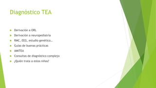Diagnóstico TEA
 Derivación a ORL
 Derivación a neuropediatría
 RMC, EEG, estudio genético…
 Guías de buenas prácticas
 AMITEA
 Consultas de diagnóstico complejo
 ¿Quién trata a estos niños?
 
