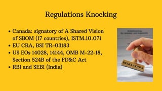 Regulations Knocking
Canada: signatory of A Shared Vision
of SBOM (17 countries), ISTM.10.071
EU CRA, BSI TR-03183
US EOs 14028, 14144, OMB M-22-18,
Section 524B of the FD&C Act
RBI and SEBI (India)
 