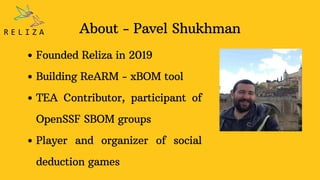 About - Pavel Shukhman
Founded Reliza in 2019
Building ReARM - xBOM tool
TEA Contributor, participant of
OpenSSF SBOM groups
Player and organizer of social
deduction games
 