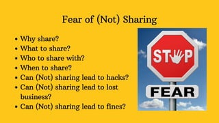 Fear of (Not) Sharing
Why share?
What to share?
Who to share with?
When to share?
Can (Not) sharing lead to hacks?
Can (Not) sharing lead to lost
business?
Can (Not) sharing lead to fines?
 
