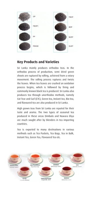 Key Products and Varieties
Sri Lanka mainly produces orthodox teas. In the
orthodox process of production, semi dried green
shoots are ruptured by rolling, achieved from a rotary
movement. The rolling process ruptures and twists
the leaves. When tea leaves are crushed an oxidation
process begins, which is followed by firing and
commonly known black tea is produced. Sri Lanka also
produces tea through unorthodox methods, namely
Cut Tear and Curl (CTC), Green tea, Instant tea, Bio tea,
and flavoured tea are also produced in Sri Lanka.
High grown teas from Sri Lanka are reputed for their
taste and aroma. The two types of seasonal tea
produced in these areas Dimbula and Nuwara Eliya
are much sought after by blenders in tea importing
countries.
Tea is exported to many destinations in various
methods such as Tea Packets, Tea Bags, Tea in Bulk,
Instant Tea, Green Tea, Flavoured Tea etc.
 