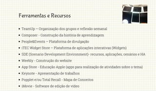 TeamUp – Organização dos grupos e reflexão semanal
Composer - Construção da história de aprendizagem
People&Events – Plataforma de divulgação
iTEC Widget Store – Plataforma de aplicações interativas (Widgets)
SDE (Scenario Development Environment)- recursos, aplicações, cenários e HA
Weebly - Construção do website
App Store - Educação Apple (apps para realização de atividades sobre o tema)
Keynote - Apresentação de trabalhos
Popplet e/ou Total Recall - Mapa de Conceitos
iMovie - Software de edição de vídeo
 