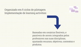 Organizado em 5 ciclos de pilotagem
Implementação de learning activities
Baseadas em cenários flexíveis, e
passíveis de serem integrados pelos
professores nas suas disciplinas,
ajustando recursos, objetivos, contextos e
produtos.
 
