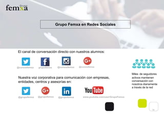 Grupo Femxa en Redes Sociales
@grupofemxa @grupofemxa
grupofemxa@cursosfemxa @cursosfemxa@cursosfemxa
Nuestra voz corporativa para comunicación con empresas,
entidades, centros y asesorías en:
El canal de conversación directo con nuestros alumnos:
Miles de seguidores
activos mantienen
conversación con
nosotros diariamente
a través de la red
@grupofemxa
16
www.youtube.com/user/GrupoFemxa
 