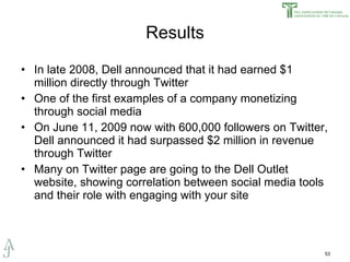 Results In late 2008, Dell announced that it had earned $1 million directly through Twitter One of the first examples of a company monetizing through social media On June 11, 2009 now with 600,000 followers on Twitter, Dell announced it had surpassed $2 million in revenue through Twitter Many on Twitter page are going to the Dell Outlet website, showing correlation between social media tools and their role with engaging with your site 