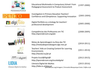 aprendercom.org/miragens | Fernando Albuquerque Costa | fc@ie.ul.pt
P|E|D|A|C|T|I|C|E
Investigation in Primary Education Teachers’
Confidence and COmpetence. Supporting Innovation
Educational Multimedia in Compulsory School: From
Pedagogical Assessment to Product Assessment
Digital Portfolio as a strategy for teachers’
professional development
Teachers’ Aids on Creating Content for Learning
Environments
Projeto Escol@Digit@l
(1997-2000)
(2001-2004)
(2005-2008)
(2011-2014)
(2012-2015)
Literacia Digital de Adultos (2015-2016)
Metas de Aprendizagem na Área das TIC
http://metasdeaprendizagem.dge.mec.pt
Competências dos Professores em TIC (2008-2009)
(2010-2011)
http://aprendercom.org/pte
http://taccle2.eu/pt-pt
http://aprendercom.org/escoladigital
http://lidia.ie.ulisboa.pt
 