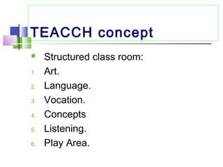 TEACCH concept
 Structured class room:
1. Art.
2. Language.
3. Vocation.
4. Concepts
5. Listening.
6. Play Area.
 