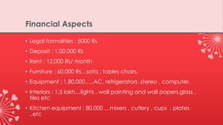 Financial Aspects
• Legal formalities : 5000 Rs
• Deposit : 1,00,000 Rs
• Rent : 12,000 Rs/ month
• Furniture : 60,000 Rs…sofa , tables chairs.
• Equipment : 1,80,000…..AC, refrigerators ,stereo , computer.
• Interiors : 1.5 lakh…lights , wall painting and wall papers,glass ,
tiles etc
• Kitchen equipment : 80,000 …mixers , cutlery , cups , plates
..etc
 