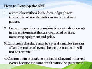 How to Develop the Skill
1. record observations in the form of graphs or
tabulations where students can see a trend or a
pattern.
2. Provide experiences in making forecasts about events
in the environment that are controlled by time,
measuring equipment and price.
3. Emphasize that there may be several variables that can
affect the predicted event , hence the prediction will
not be accurate.

4. Caution them on making predictions beyond observed
events because the same result cannot be gauranteed.

 