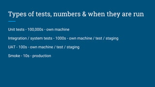 Types of tests, numbers & when they are run
Unit tests - 100,000s - own machine
Integration / system tests - 1000s - own machine / test / staging
UAT - 100s - own machine / test / staging
Smoke - 10s - production
 