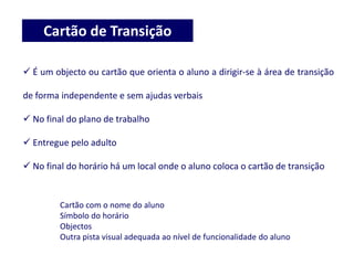 Cartão de Transição
 É um objecto ou cartão que orienta o aluno a dirigir-se à área de transição
de forma independente e sem ajudas verbais
 No final do plano de trabalho
 Entregue pelo adulto
 No final do horário há um local onde o aluno coloca o cartão de transição
Cartão com o nome do aluno
Símbolo do horário
Objectos
Outra pista visual adequada ao nível de funcionalidade do aluno
 