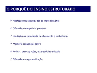 O PORQUÊ DO ENSINO ESTRUTURADO
 Alteração das capacidades do input sensorial
 Dificuldade em gerir imprevistos
 Limitação na capacidade de abstracção e simbolismo
 Memória sequencial pobre
 Rotinas, preocupações, estereotipias e rituais
 Dificuldade na generalização
 