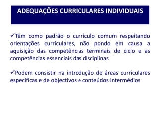 Têm como padrão o currículo comum respeitando
orientações curriculares, não pondo em causa a
aquisição das competências terminais de ciclo e as
competências essenciais das disciplinas
Podem consistir na introdução de áreas curriculares
específicas e de objectivos e conteúdos intermédios
ADEQUAÇÕES CURRICULARES INDIVIDUAIS
 