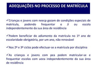 Crianças e jovens com neecp gozam de condições especiais de
matrícula, podendo frequentar o JI ou escola
independentemente da sua área de residência
Podem beneficiar do adiamento da matrícula no 1º ano de
escolaridade obrigatória, por um ano, não renovável
Nos 2º e 3º ciclos pode efectuar-se a matrícula por disciplina
As crianças e jovens com pea podem matricular-se e
frequentar escolas com ueea independentemente da sua área
de residência
ADEQUAÇÕES NO PROCESSO DE MATRÍCULA
 