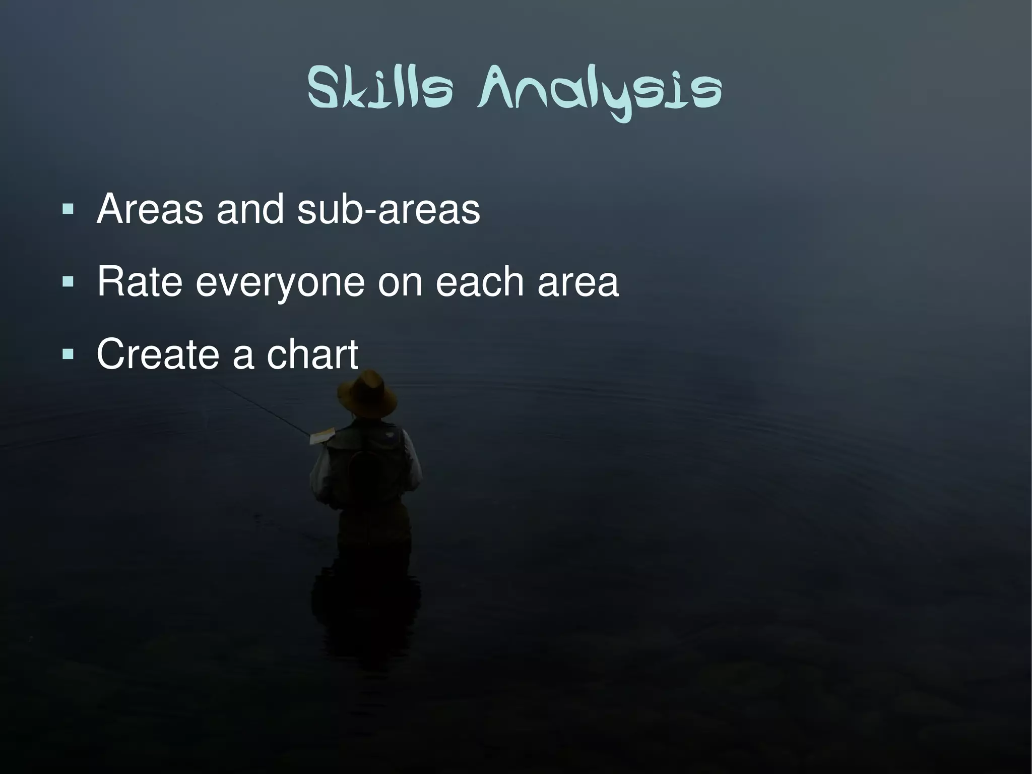 Skills Analysis
   Areas and sub-areas
   Rate everyone on each area
   Create a chart
 