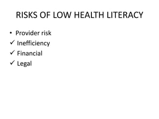 RISKS OF LOW HEALTH LITERACY
• Provider risk
 Inefficiency
 Financial
 Legal
 
