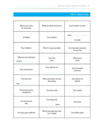 Teach | Learn. A Student Created Content Course Book – 115
Tell Us About Cards
Where you went
to university
A Hobby
Your children
What you are going to
do this 	
Your best friend
The first time
you	
A Country you’ve
traveled to
An animal you
like
An injury you suffered
What you’ll do tomorrow
Your mother
What’s in your pockets
Your first
Love
Your opinion on
What you dream of one
day doing
Your last meal
Your favourite		
team
Where you get your hair
cut / styled
Your brother or sister
How	
Is made
An important moment
in your life
Where you
bank
Your proudest
moment
Your doctor or
dentist
Your motto
Your boss
Your office desk
 