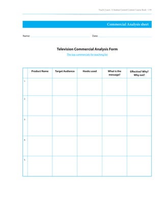 Teach | Learn. A Student Created Content Course Book – 139
Commercial Analysis sheet
Name: 			 Date:
Television Commercial Analysis Form
The top commercials for teaching list
Product Name
1.
2.
3.
4.
5.
Target Audience Hooks used What is the
message?
Effective? Why?
Why not?
 