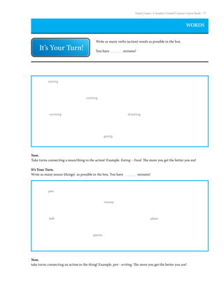 Teach | Learn. A Student Created Content Course Book – 77
WORDS
Write as many verbs (action) words as possible in the box.
You have 	 minutes!
eating
cutting
running drawing
going
pen		
money	
ball				 plane
games
Now.
Take turns connecting a noun/thing to the action! Example. Eating – Food. The more you get the better you are!
It’s Your Turn.
Write as many nouns (things) as possible in the box. You have 	 minutes!
Now.
take turns connecting an action to the thing! Example. pen - writing. The more you get the better you are!
 