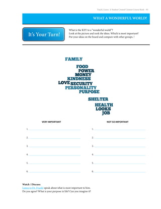 Teach | Learn. A Student Created Content Course Book – 83
WHAT A WONDERFUL WORLD!
What is the KEY to a “wonderful world”?
Look at the picture and rank the ideas. Which is most important?
Put your ideas on the board and compare with other groups. !
VERY IMPORTANT NOT SO IMPORTANT
1.
2.
3.
4.
5.
6.
1.
2.
3.
4.
5.
6.
Watch / Discuss:
Listen to Dr. Frankl speak about what is most important to him.
Do you agree? What is your purpose in life? Can you imagine it?
 